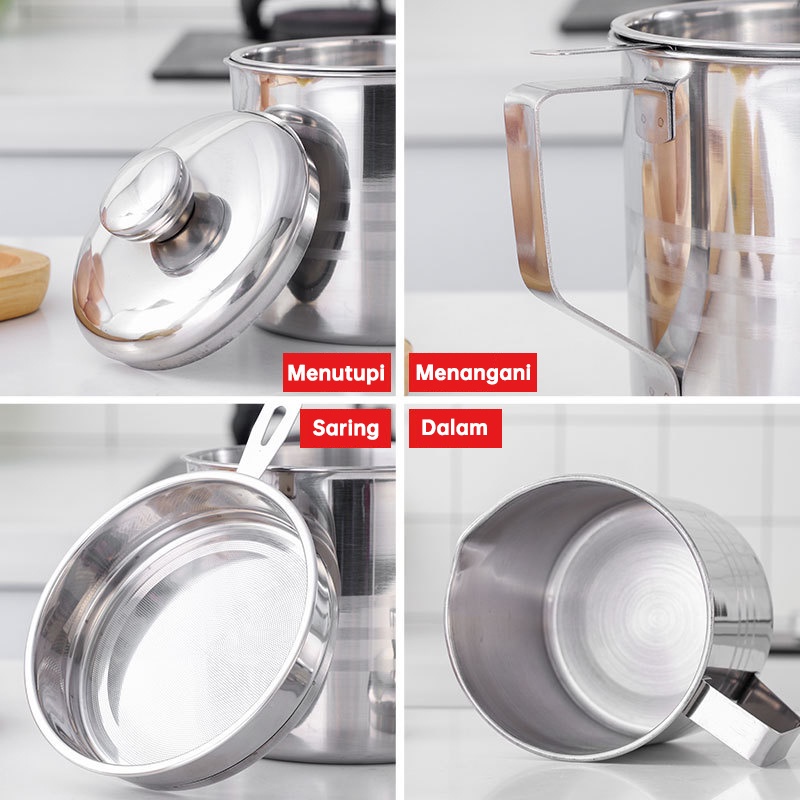 Wadah dan Saringan Minyak Goreng – AC 38 – Set Oil Pot Tempat Gelas teko Saringan Stainless Tirisan Penyaring Peniris Botol Minyak Goreng Bekas Gorengan jelantah  Spatula Set Halus perlengkapan dapur 1 2 liter sutil tahan panas