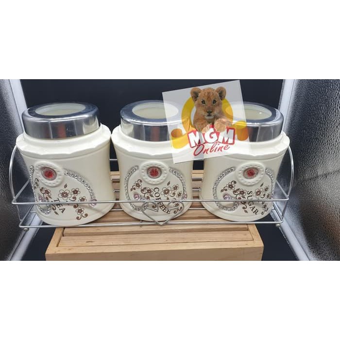 Tempat Kopi & Gula & Teh Keramik Mutiara Set 3pcs w/ Rak Stainless