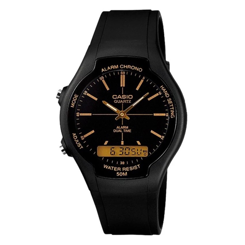 Casio Original AW-90H-9E Jam Tangan Pria Digital Karet Hitam Coklat Gold