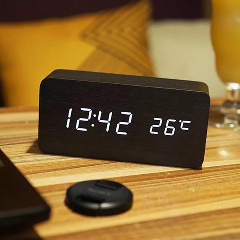 Jam Meja Kayu Digital Led Weker / Wood Digital Alarm Clock Dekorasi Rumah Souvenir Suhu