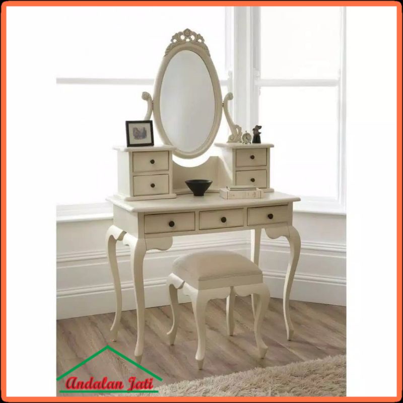 Meja Rias Kartini Jati/ Meja Rias Vanity Make Ap Shabby/Meja Rias Mewah Duco Putih Andalan Jati