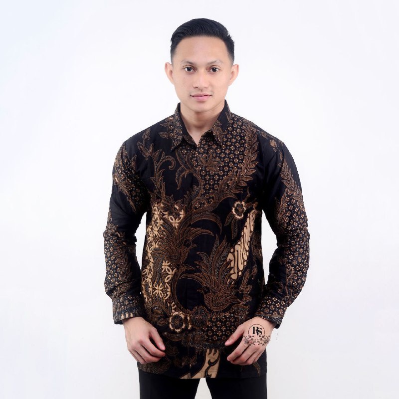 KEMEJA HEM BATIK PRIA LENGAN PANJANG COUPEL KEMEJA HEM MOTIF MAHESA HITAM