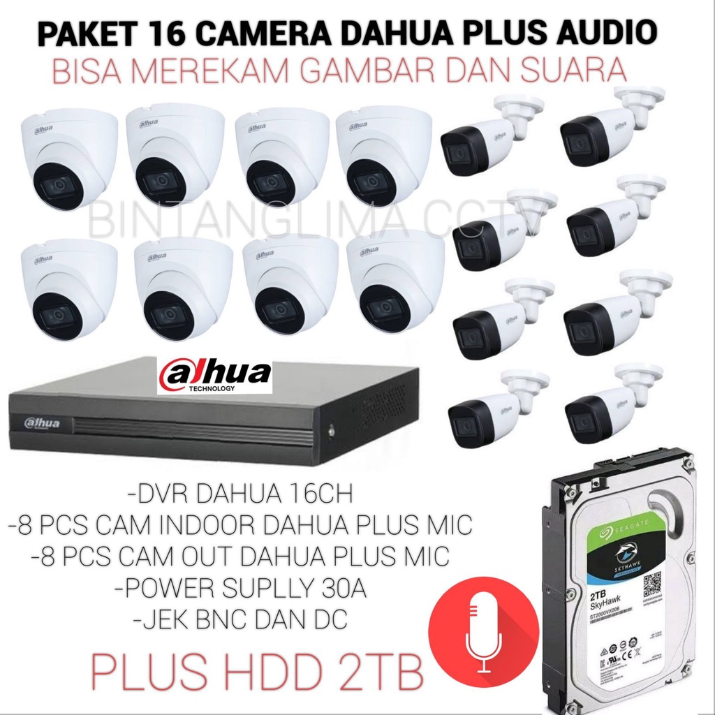 PAKET 16 CAMERA DAHUA 2MP BISA REKAM GAMBAR DAN SUARA