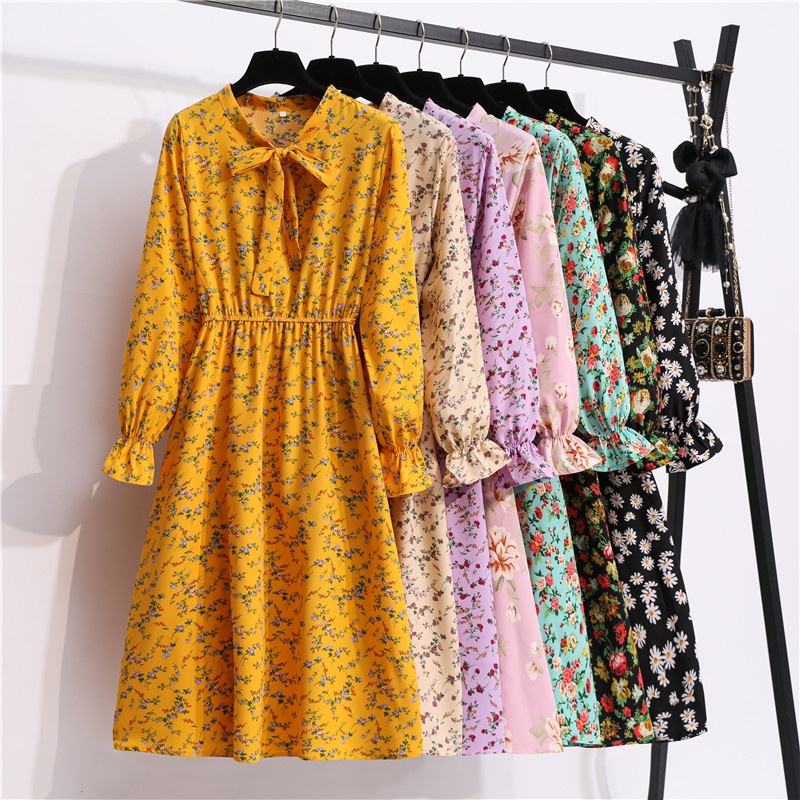 New Fashion Korean Dresses Floral Chiffon Women Casual Dinner Long Sleeve A-line Midi Dress Muslimah