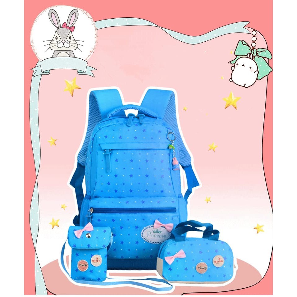 Tas Sekolah Anak Perempuan/Sd -Smp -Sma Backpack Ransel Wanita Cewek Set 3 In 1 Bintang Tabur