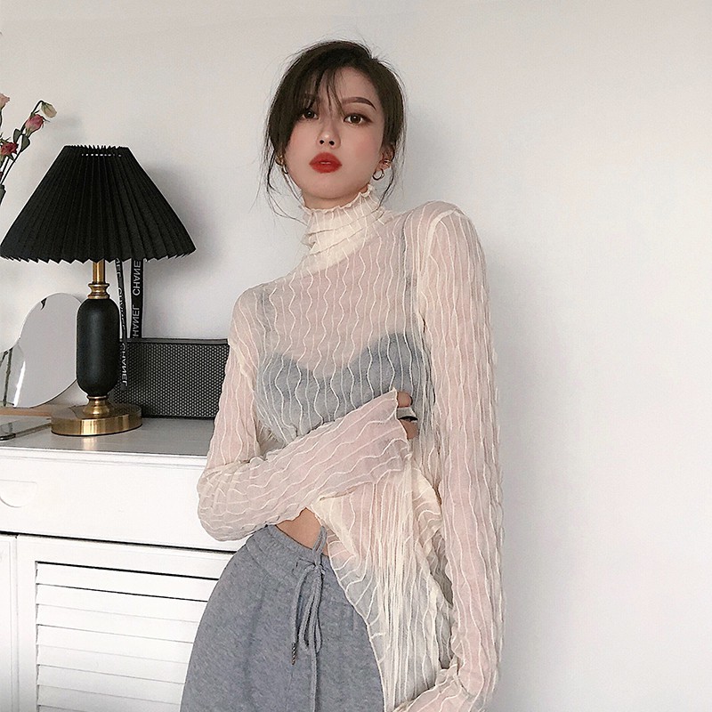 Renda Kemeja Baru Retro Turtleneck Mesh Bottoming Kemeja Slim Fit Inner Wear Tipis Panjang Lengan