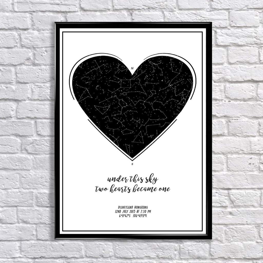 

BLACK HEART ON WHITE custom constellation star map personalized framed A3 poster unique decoration