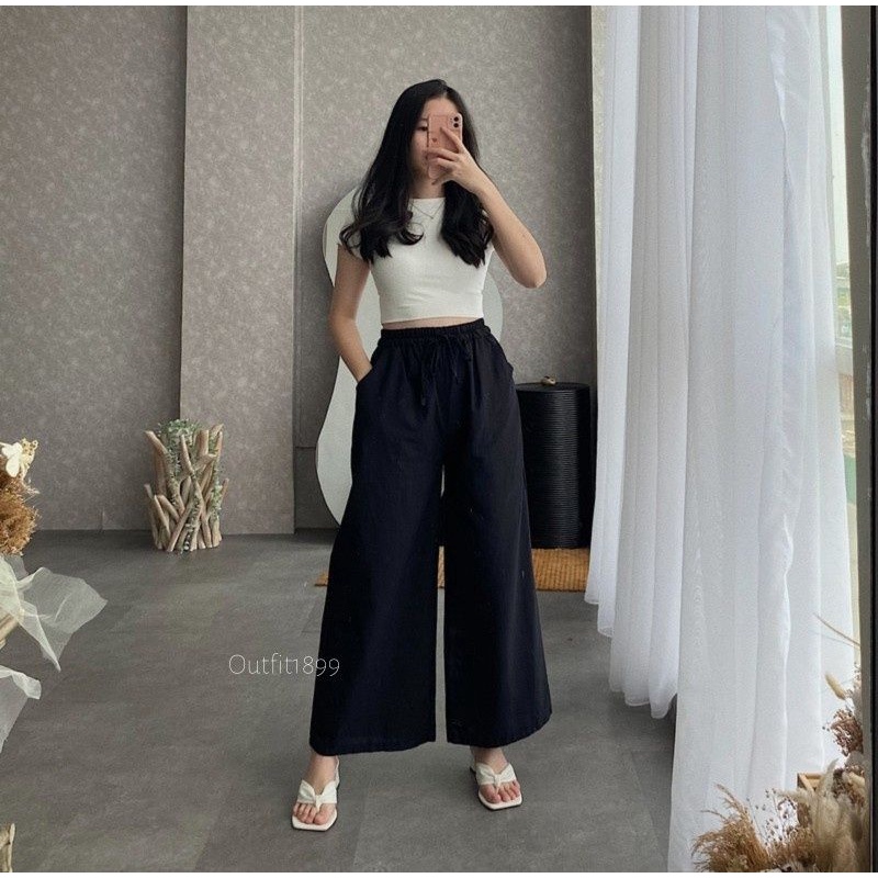 Celana Kulot Linen Highwaist Pinggang Karet Wide Leg Cullote 552