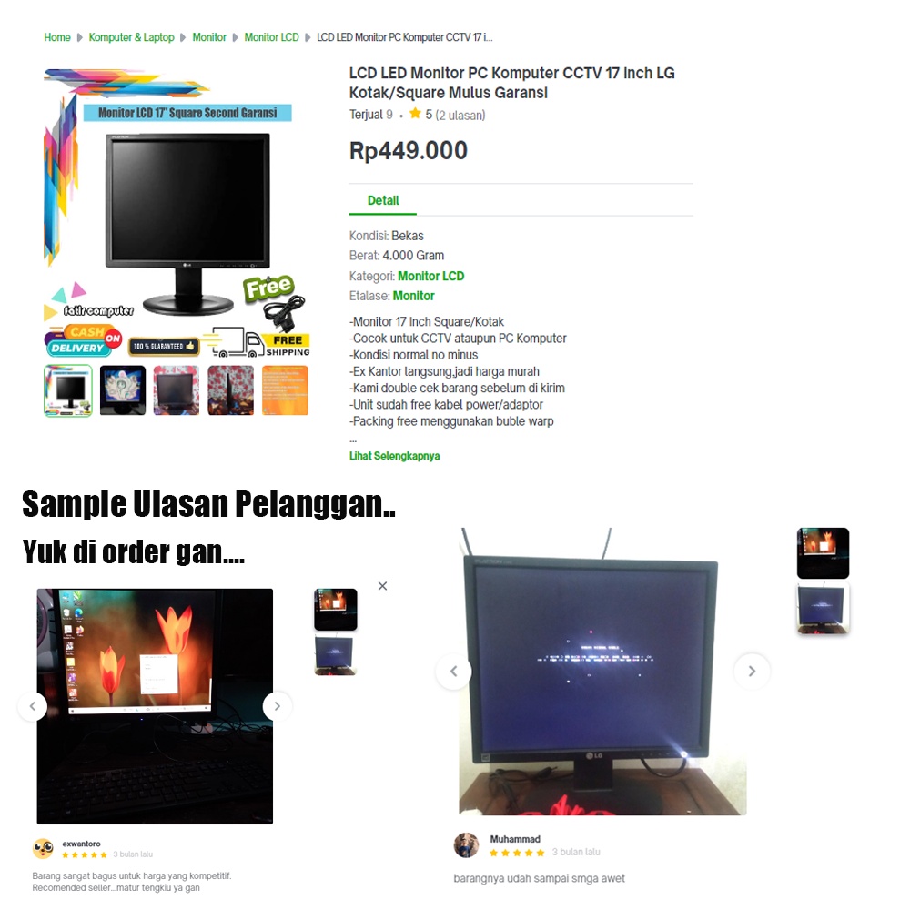 LED LCD Monitor PC Komputer Dekstop CCTV 17 Inch Kotak Merek Campur Normal no minus Garansi Free Kabel Power