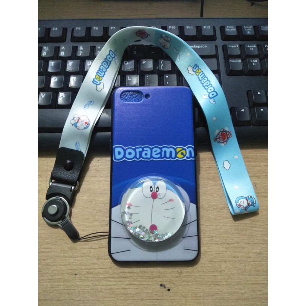 Case Oppo A3S fuze motif gambar karakter popsoket water glitter tali