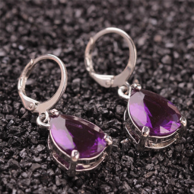 Anting Stud Hoop Lapis Silver Hias Amethyst Sapphire Untuk Wanita