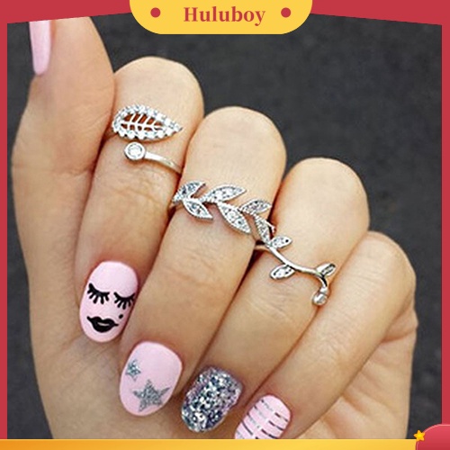 Hu Hu Hu Hu Hu Alat Bantu Pasang Kacamata♡ 3pcs Cincin Knuckle Desain Daun Bahan Alloy Warna Emas / Silver Hias Berlian Imitasi Untuk Wanita