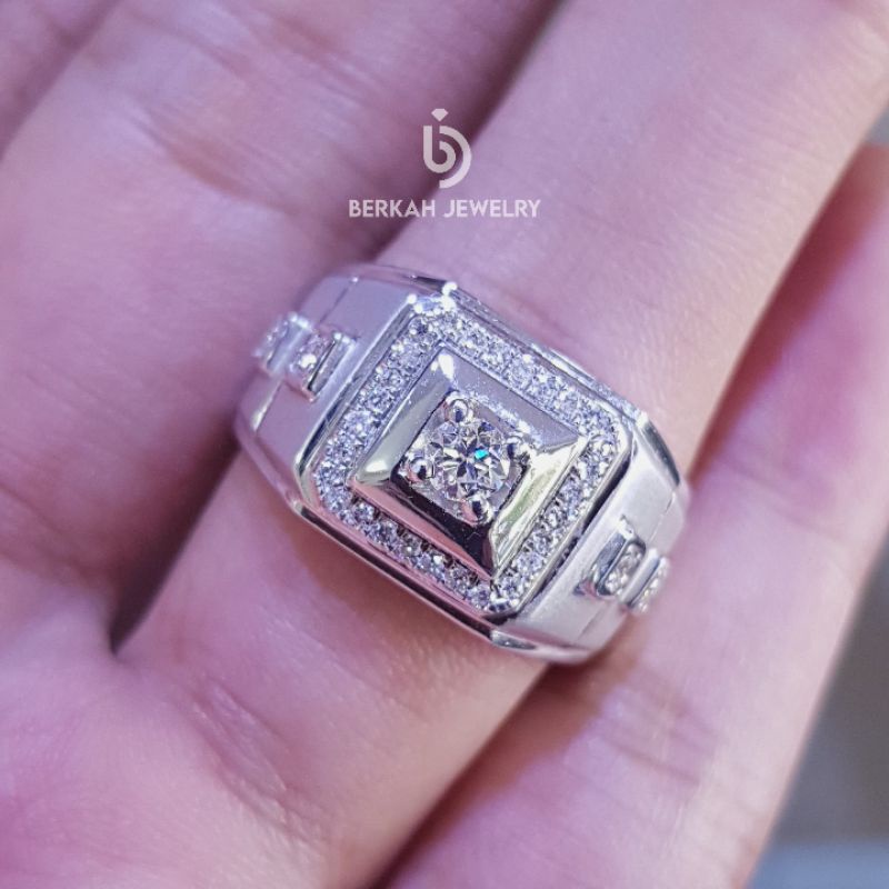 Cincin cowok perak palladium berlian asli natural diamond