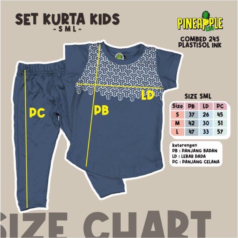 SET KURTA KIDS Pineapple Size SML / Stelan Pendek Panjang Baju Koko Anak