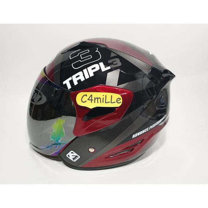 Laris HELM GM FIGHTER MOTIF TRIPLE BLACK RED MAROON SIVER HALF FACE PROMO