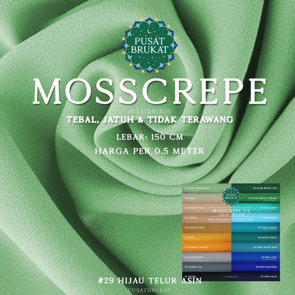 KAIN MOSSCREPE PASTEL / BAHAN CREPE / MOSS CREPE PASTEL, LEBAR: 150CM [harga per 0.5m]