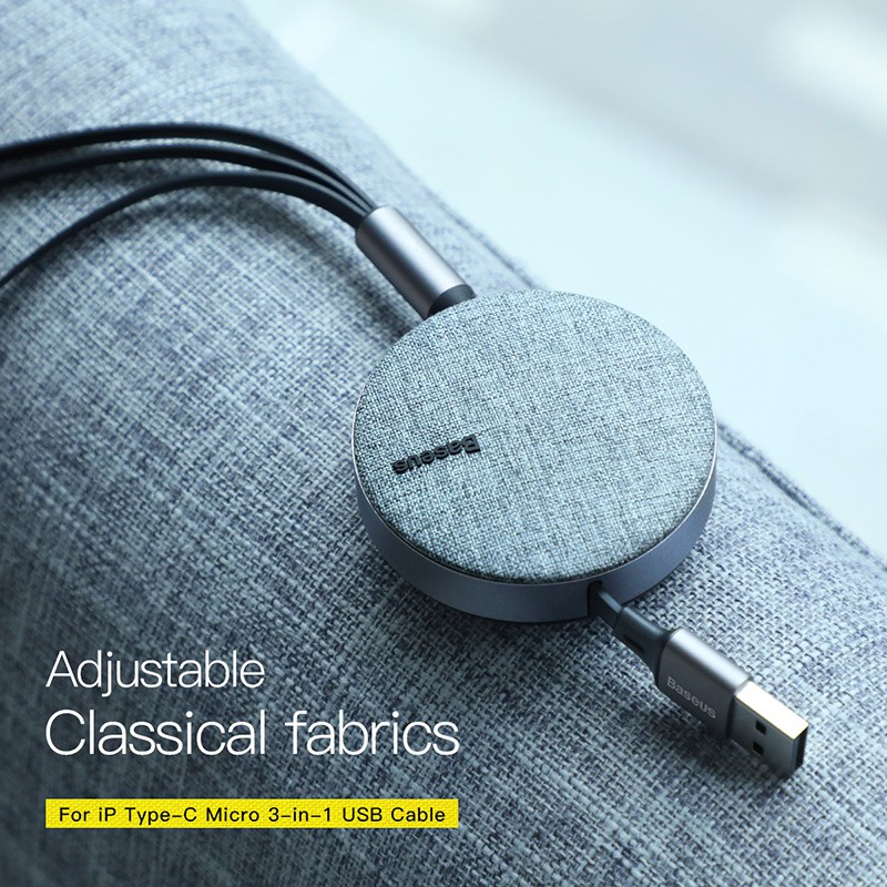 Baseus Kabel Data / Charger 3 in 1 USB Tipe C / Micro USB Bahan Kain Flexible Untuk Phone