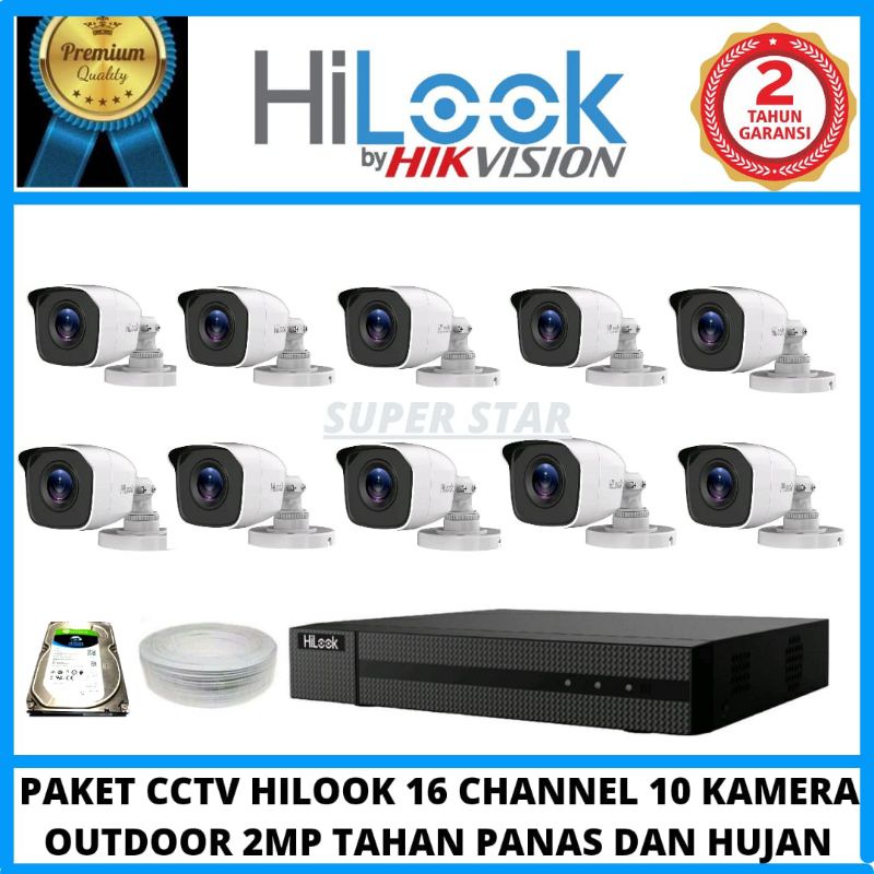 PAKET CCTV HILOOK 16 CHANNEL 10KAMERA  2MP 1080P OUTDOOR TAHAN PANAS DAN HUJAN