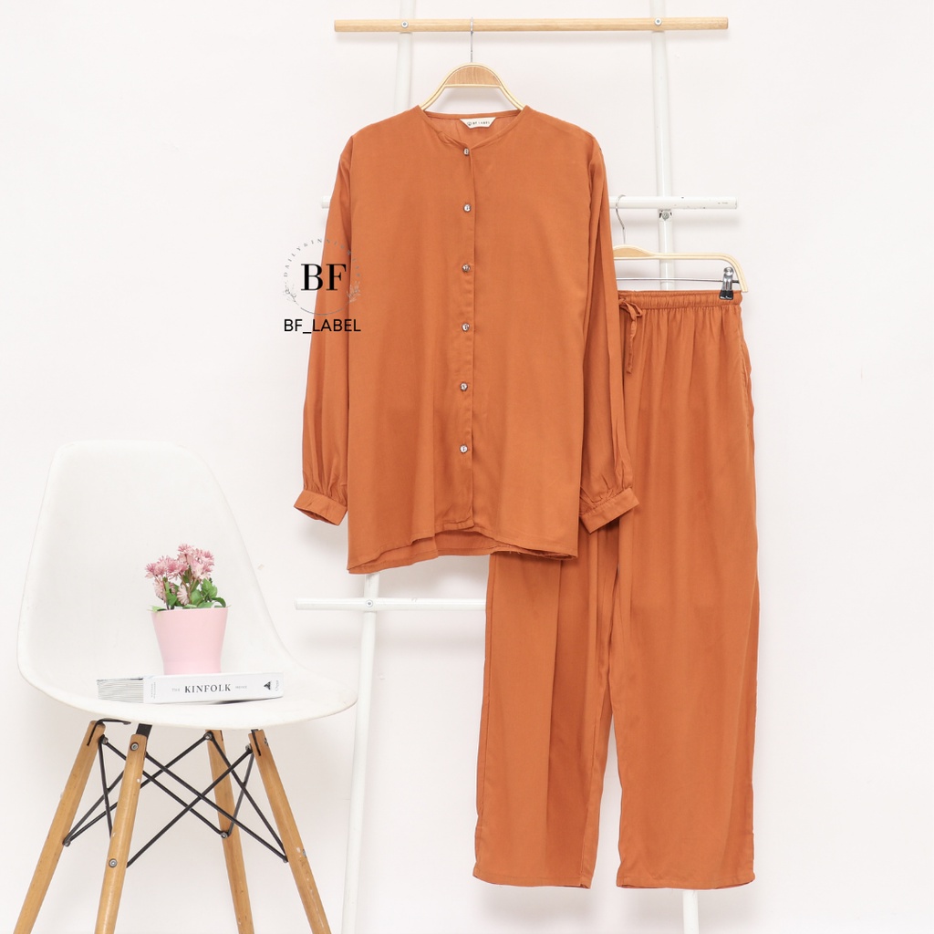 NARA SET | One set rayon polos basic celana panjang kemeja panjang sleepwear piyama by @bf_label BF Label-Brick