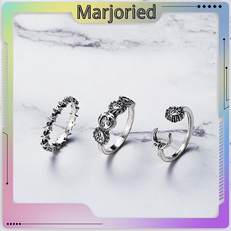 Cincin Gabungan Terbuka Kreatif Retro Star Moon 3-piece Set Cincin-MJD