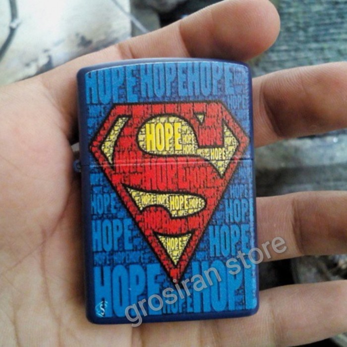 zippo Superman print custom logo nama kado korek matte biru