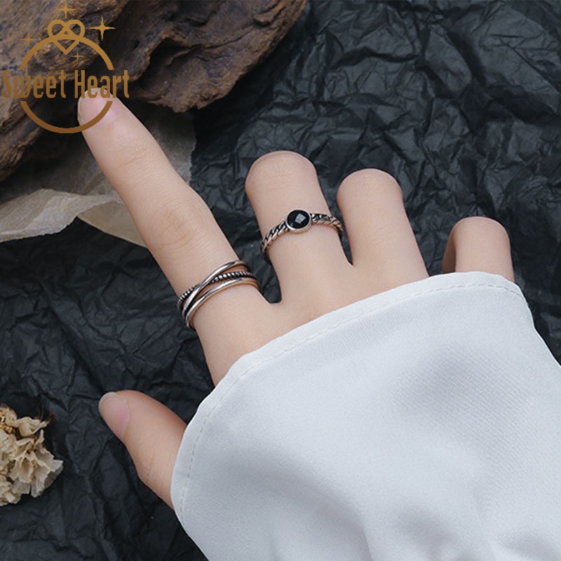 Double Layer Hip-hop Ring Korean Retro Simple Cross Personality Wild Black Stripe Opening Adjustable Ring Fashion Hello Girl Jewelry