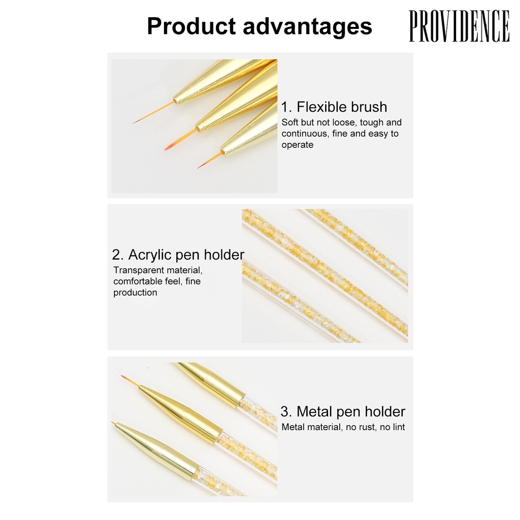 Providence 3pcs / Set Kuas Nail Art Ultra Tipis Bahan Nilon Wol Untuk Hadiah Anak Perempuan