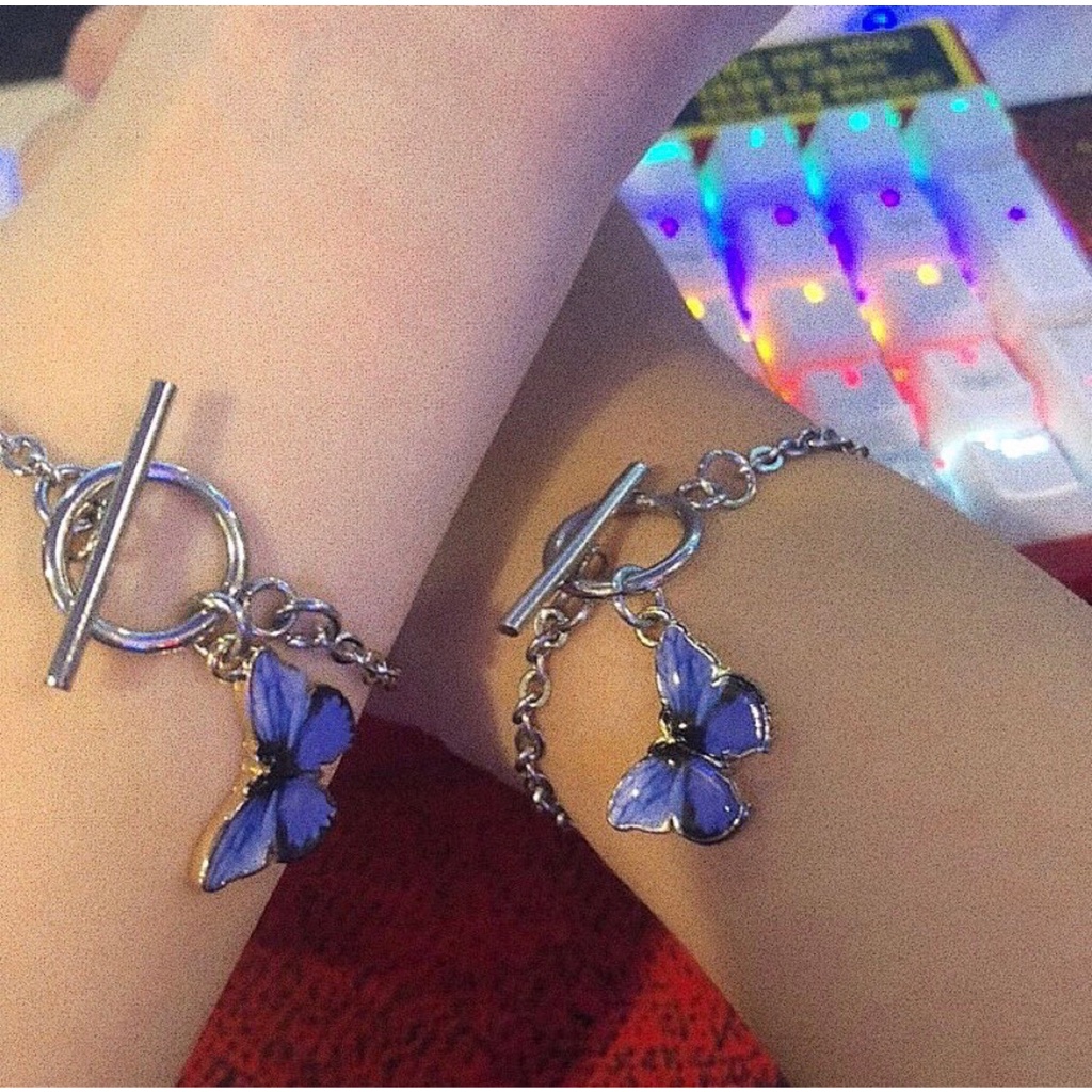 Gelang Bahan Titanium Steel Desain Butterfly Warna Biru Gaya Korea Eropa Amerika