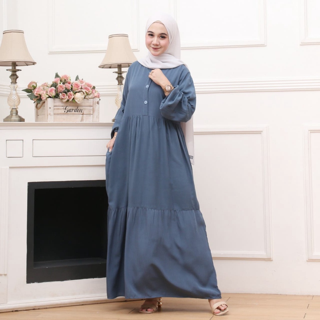 GAMIS RAYON MAXI MODEL LENGAN BALON | GAMIS CANDA MAXI | GAMIS RAYON POLOS SUSUN BUSUI FRIENDLY 3 KANCING DEPAN ATAS