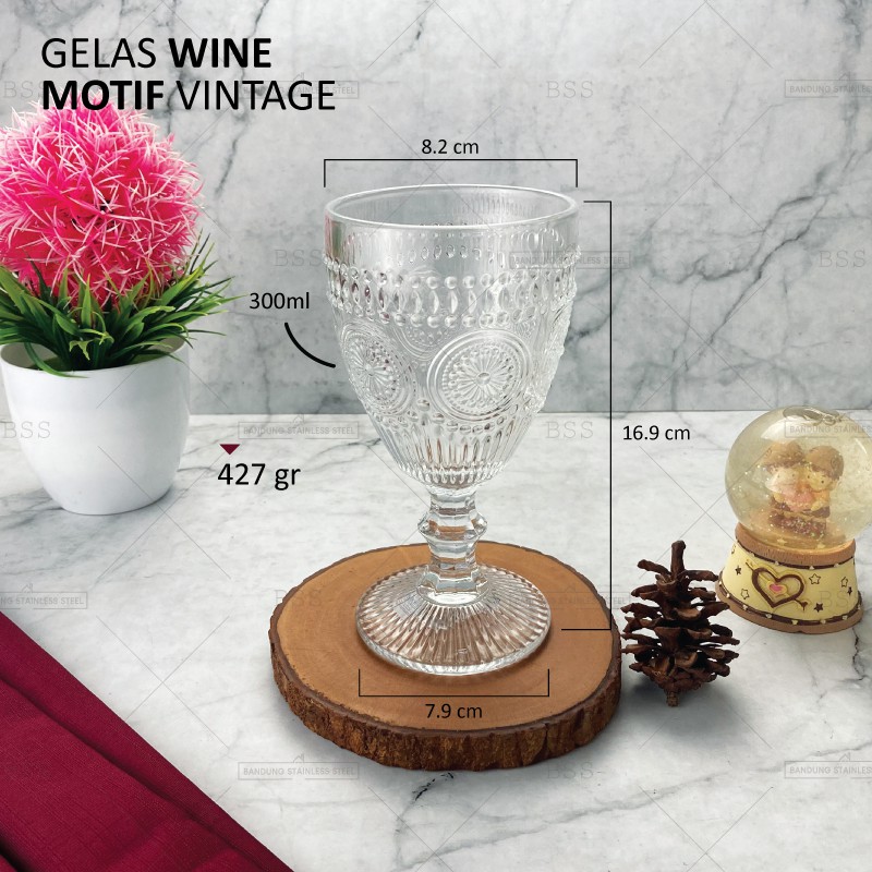 Gelas Wine Motif Vintage 300ml Motif Bunga Matahari Kaca Tebal Unik Cantik Elegan Mewah