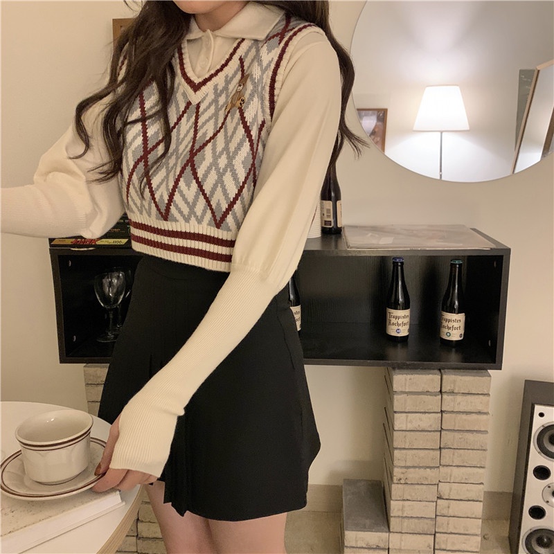 XIAOZHAINV Rompi Rajut Pendek Korea V-Neck Crop Top 0059