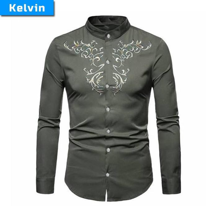 BAJU KOKO PRIA LENGAN PANJANG KELVIN SLIM FIT KOMBINASI BORDIR KEREN - Grey