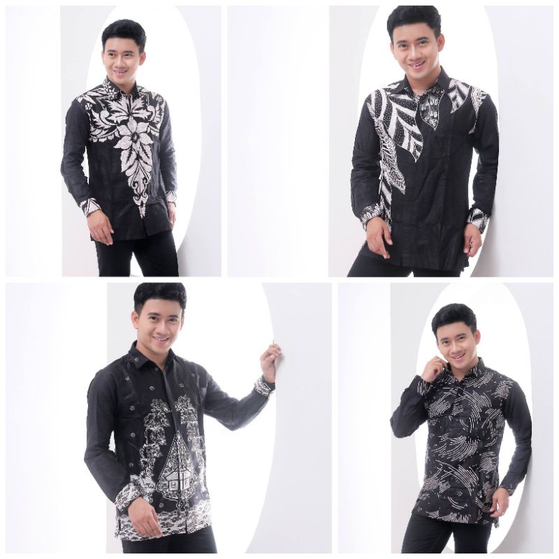 M L XL XXL ATASAN KEMEJA BATIK PRIA COWOK DEWASA LENGAN PANJANG WARNA HITAM PUTIH MONOKROM MOTIF DAU