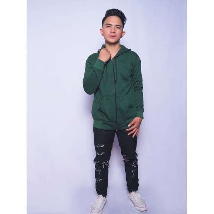 Jaket Sweater Hoodie Zipper / Sleting Hijau Botol Polos Unisex