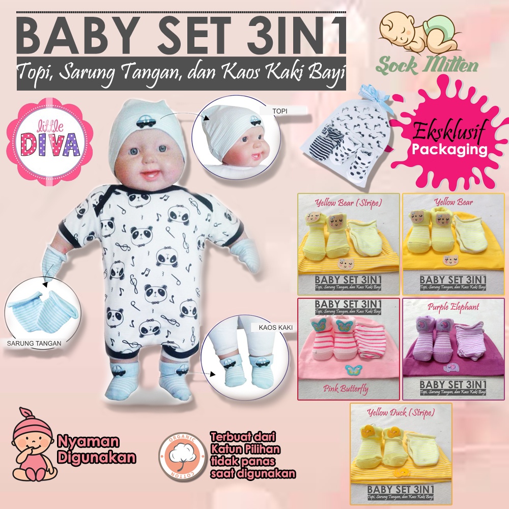 3in1 Topi Sarung Tangan Kaos Kaki Bayi Hat Sock Mitten Booties  Bayi stk