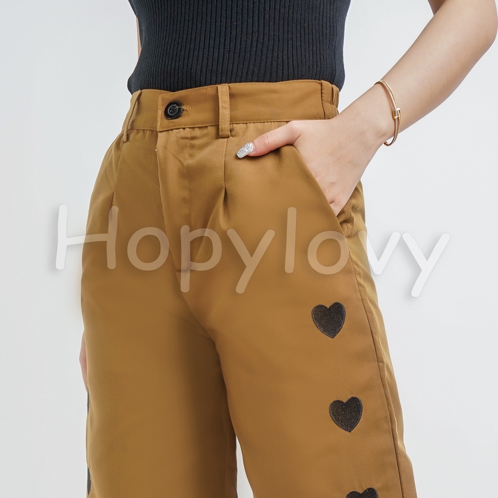 HOPYLOVY - Celana Kulot Wanita Bahan Katun American Drill Bordir Love Ginata