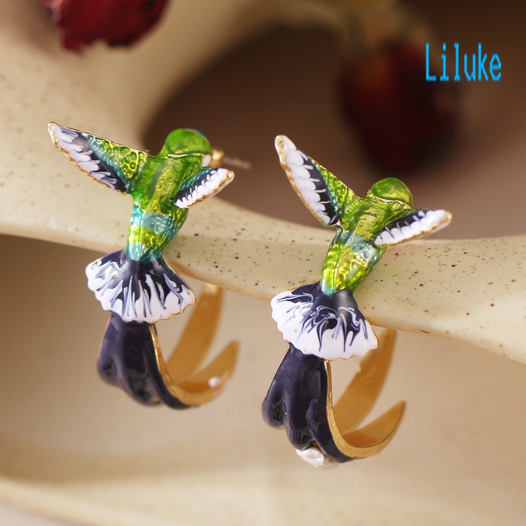 Lk Anting Tusuk Gantung Wanita Bahan Alloy Desain Burung Kolibri Enamel Untuk Pesta