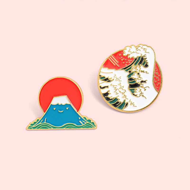 Bros Pin Desain Ilustrasi Gunung Fuji Warna Merah Biru Gaya Jepang Untuk Aksesoris Tas