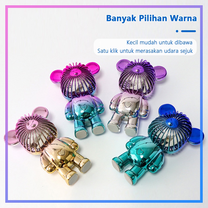 ALOBON Kipas Angin Mini Portable Karakter Bearbrick Meja USB Cas 3 Pengaturan Kecepatan Bentuk Beruang Alas Anti Selip Bagian Bawah