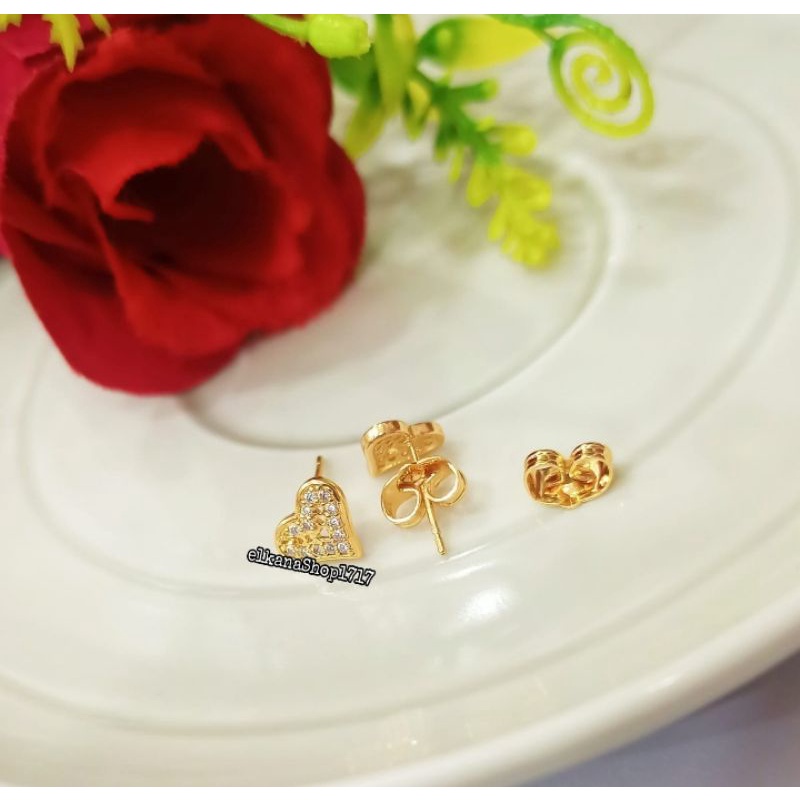 ANTING GIWANG DESAIN LOVE PERMATA ZIRCON ELEGAN ANTI KARAT LOGAM EMAS