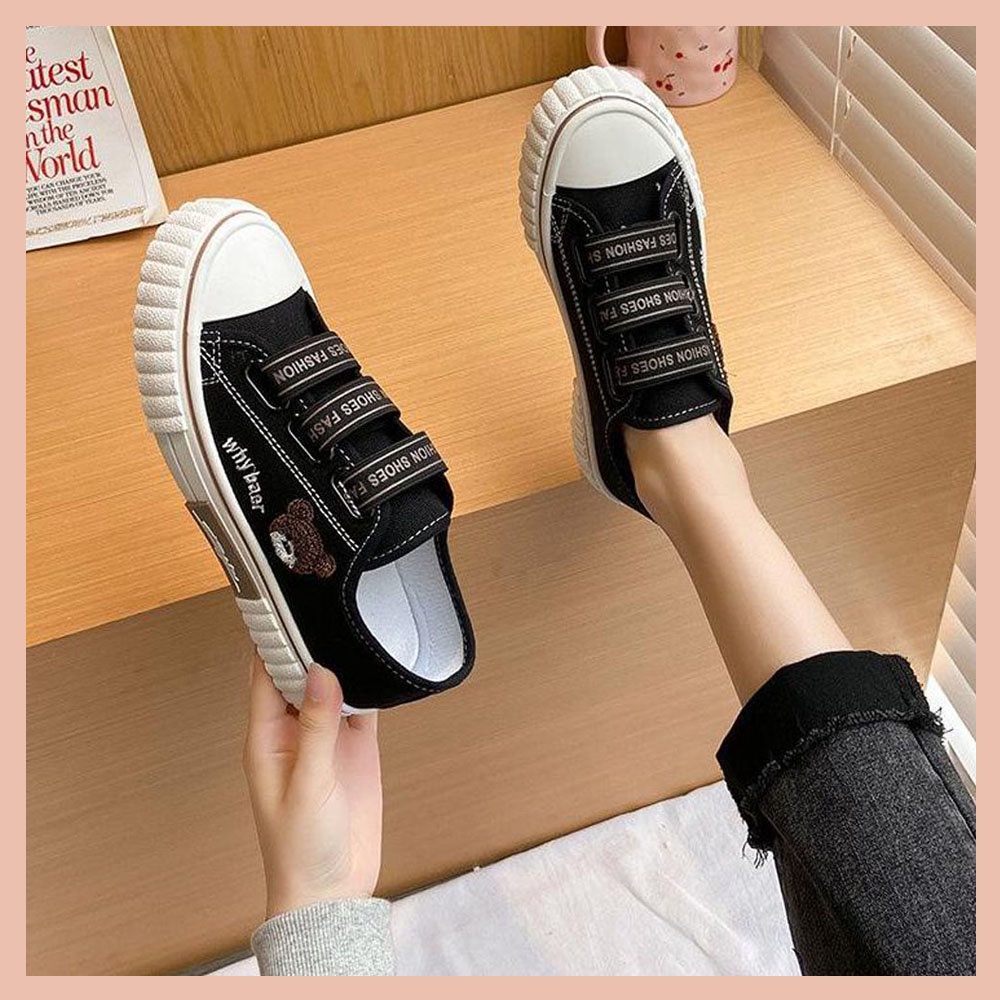 Sepatu Korean Style Why Bear Boyscode Fashion Tali Karet Hitam Putih / Sepatu Sneakers Canvas Wanita / Sepatu Kets Wanita