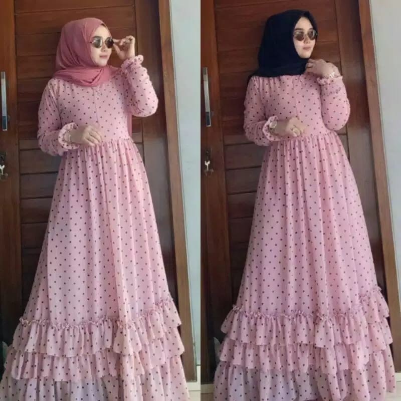 Baju gamis wanita muslim polkadot / naira maxi dress / gamis polkadot terbaru size L / XL-1