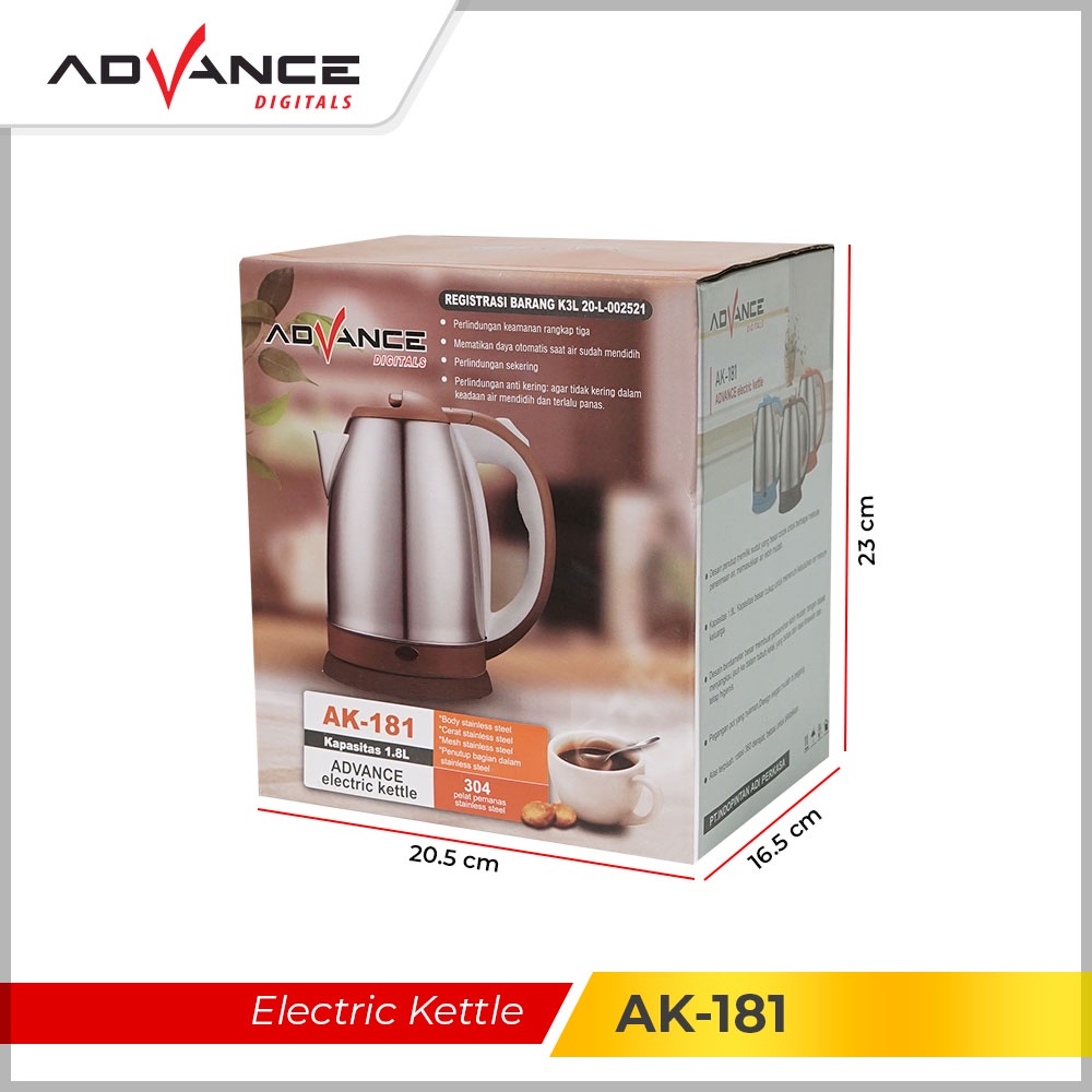 【Garansi 1 Tahun】Advance AK-181 Kettle Listrik /Teko Listrik Kapasitas Hemat Listrik 1.8L Stainless