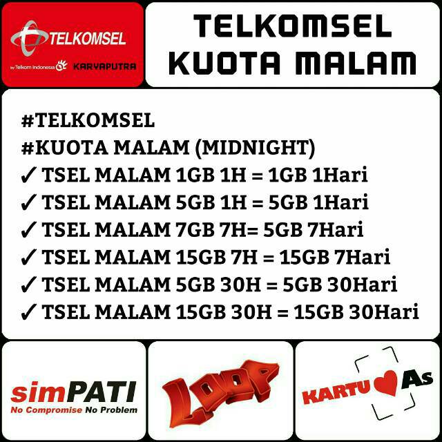 Telkomsel Kuota Malam 1gb 2gb 3gb 5gb 10gb 15gb Isi Ulang Paket Kuota Malam Telkomsel Shopee Indonesia