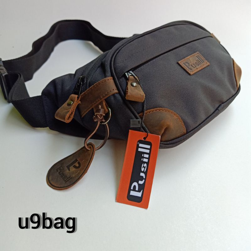 Waistbag Pusiill 1570 Hitam/Bhan courdura fabric'/kombinasi kulit sapi/taspinggang/tasselampang Pusiill/