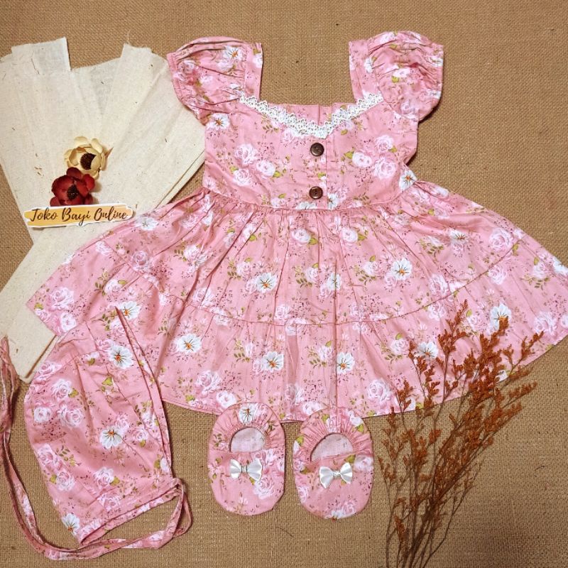 Dress bayi 0 6 12 bulan set sepatu bandana / bonnet Setelan Baju bayi Perempuan 100% Katun SNI Pakaian anak Cewek-4