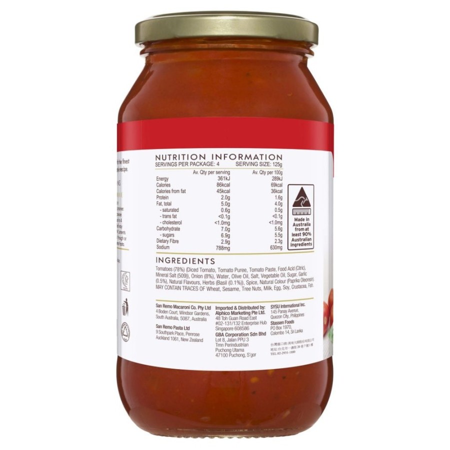 SAUS PASTA SAUCE TOMATO &amp; BASIL SAN REMO 500GR