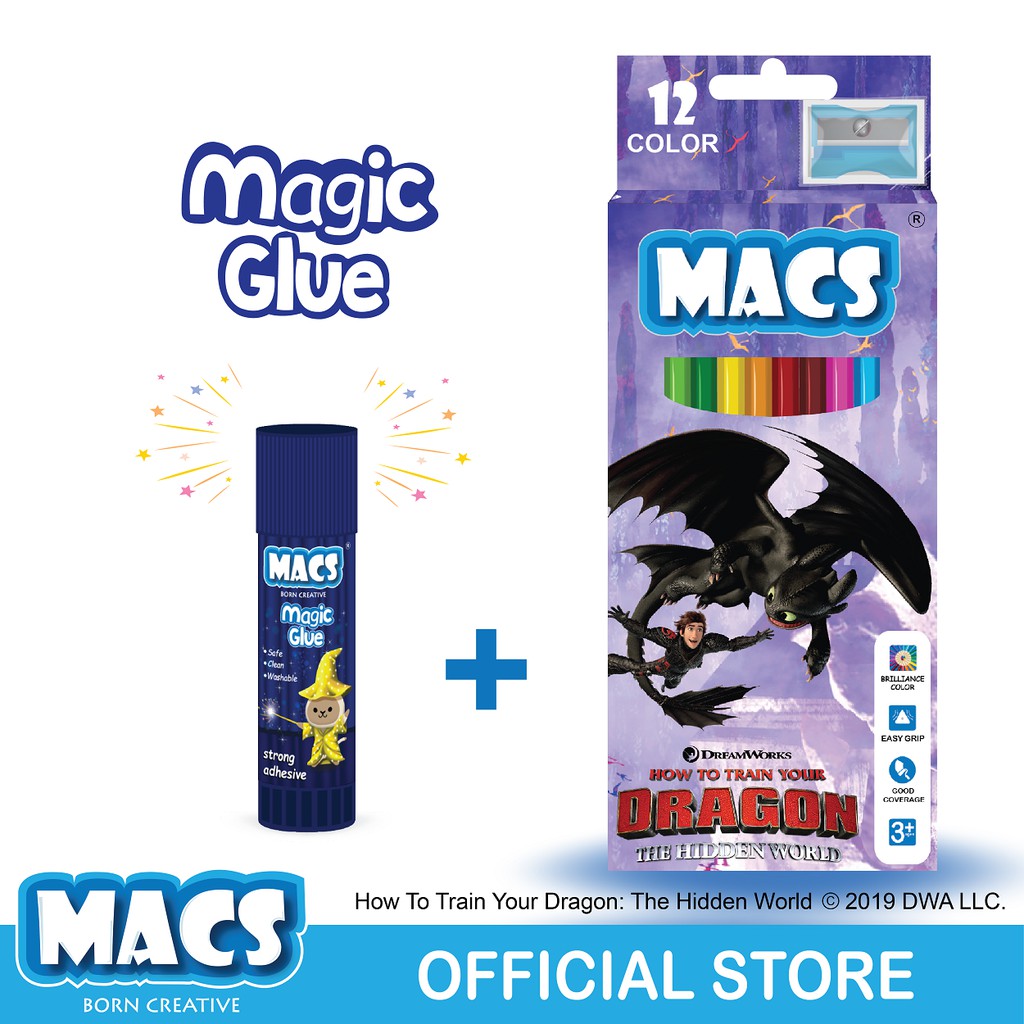 FUN BUNDLE Macs Magic Glue Stick dan Color Pensil 12 warna Night Fury