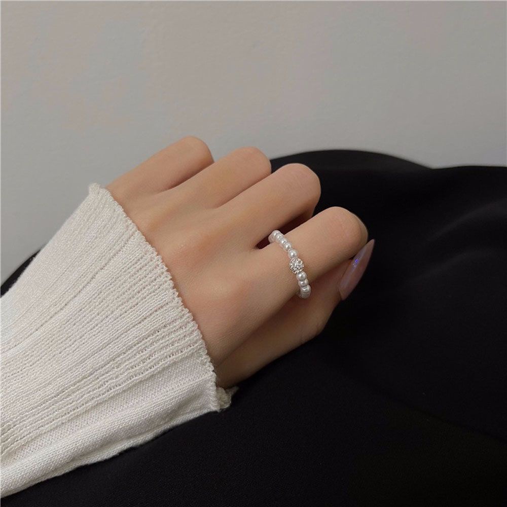 Needway  Women Girls Pearl Rings Korean Fashion Jewelry Finger Ring Gift Trendy Elegant Rhinestone Handmade Zircon Ball Bead Rings/Multicolor