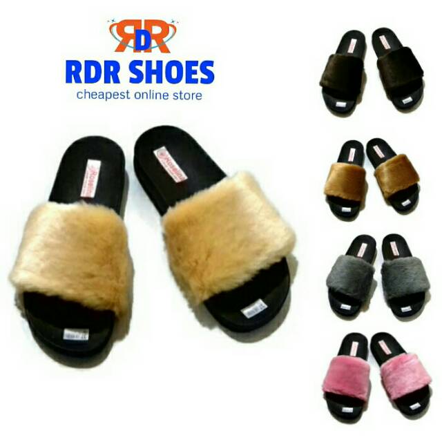 sandal wanita bulu tebel halus lembut. bulu import